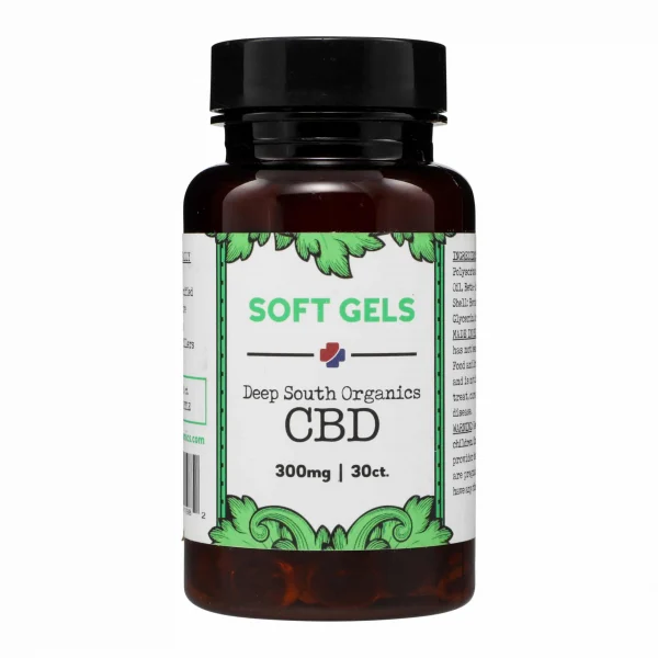 A bottle of soft gels with cbd oil on it.