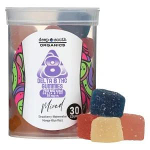 A container of assorted gummies with the label " 8 delta & two gummies mixed ".